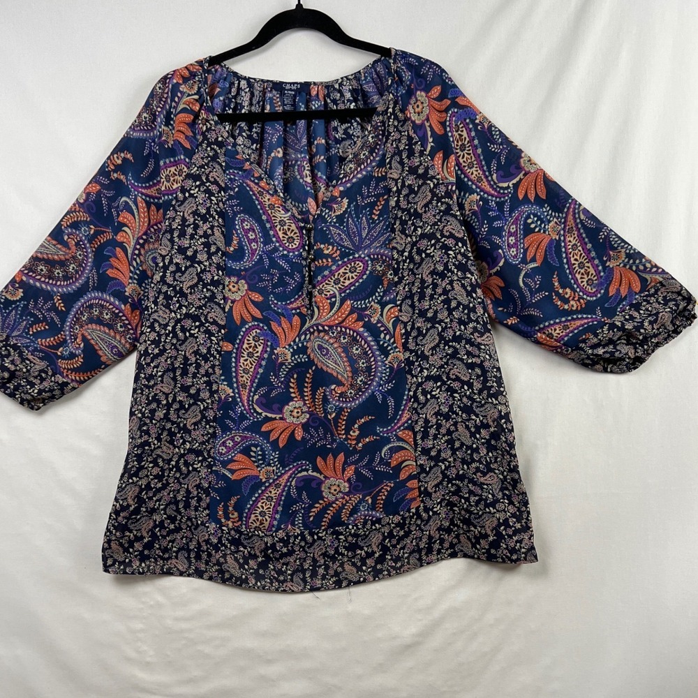 Chaps Peasant Blouse Womens XL Blue Paisley Floral Boho Top Relaxed Flowy